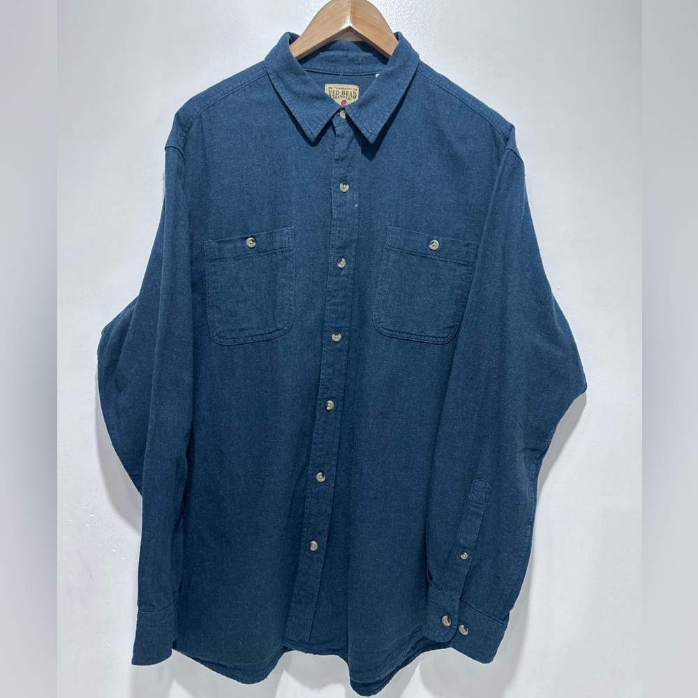 Red Head Mens Blue 100% Cotton Button Up Long Sleeve Shirt Chest Pockets Size XL